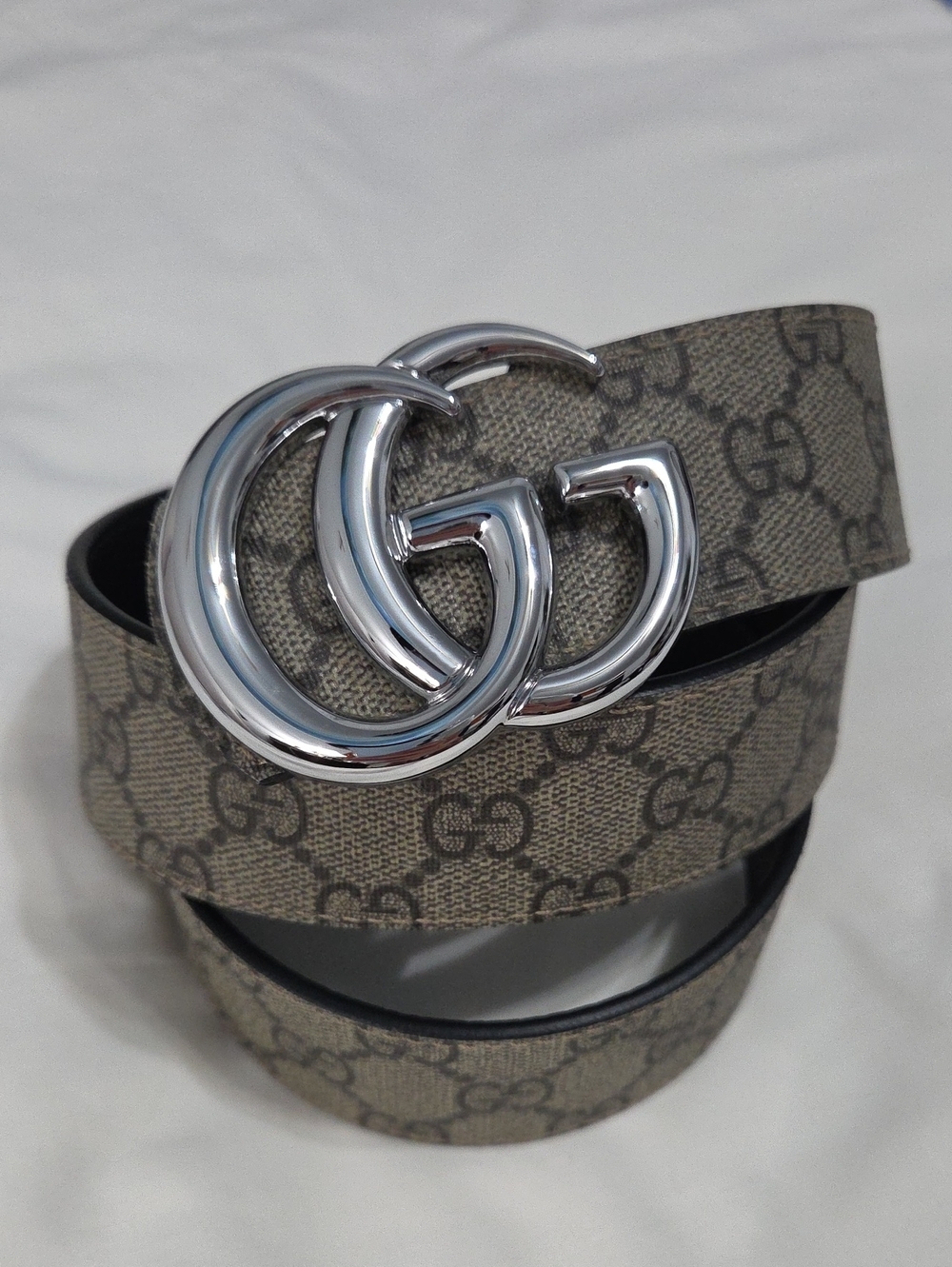 Gucci Reversible Brown Monogram Belt Silver GG Buckle 90cm